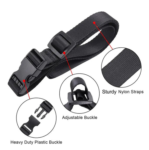 Quick Release Nylon Utility Straps For Trail Ready Hiking And Travel Go To Backpack Accessory Bag Straps Adjustable 0.75 Inch Wide By 40 Inch Long 4 Pack Black Heavy Duty For Outdoor Sports, featuring black straps with heavy duty plastic buckle and adjustable buckle.