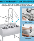 60 Inch Flexible Stainless Pre Rinse Hose With Spray Valve Kit for Commercial Kitchen Faucets above a three-compartment sink