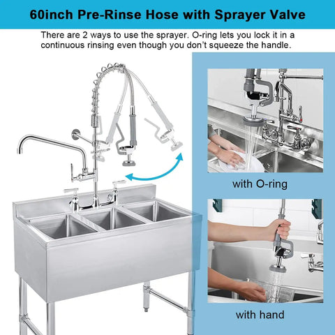 60 Inch Flexible Stainless Pre Rinse Hose With Spray Valve Kit for Commercial Kitchen Faucets above a three-compartment sink