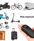 Hand holding Beefy 113dB Wireless Bike Alarm With Remote Vibration And Motion Sensor with various vehicles to show application