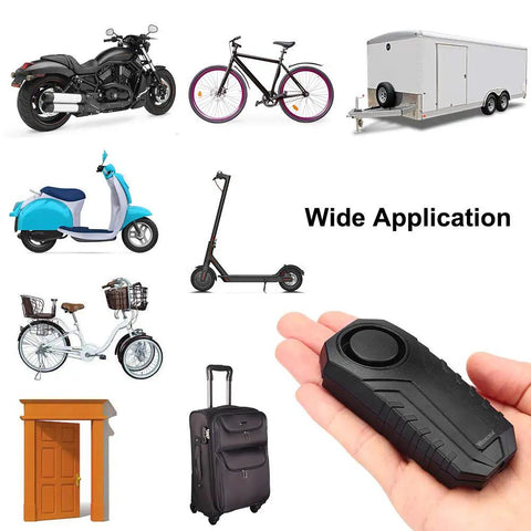 Hand holding Beefy 113dB Wireless Bike Alarm With Remote Vibration And Motion Sensor with various vehicles to show application