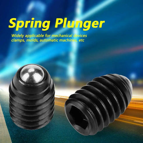 10 Piece Carbon Steel Ball Plunger Set With M6 Hex Socket Spring Plunger Pins shown, featuring spring-loaded black plunger pins for industrial use.