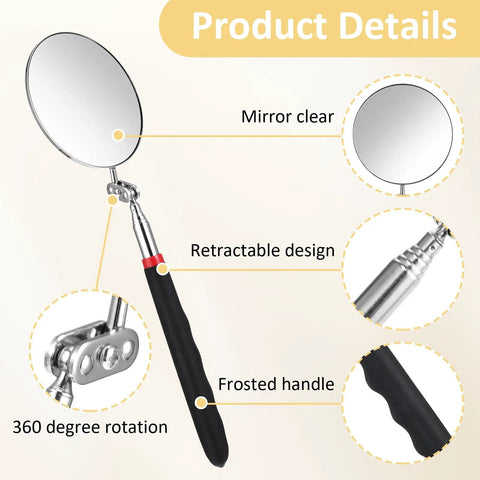 Telescoping Inspection Mirror With 360 Degree Rotation And Retractable Handle 3.16 Inch Diameter Circular Inspection Mirror