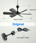 Beast Portable USB Ceiling Fan 17.7 Inch With 6 Blades Quiet 5V DC Cooling showing dimensions and cable length in black