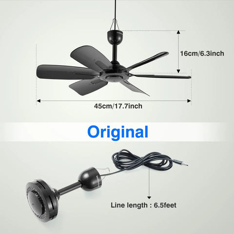 Beast Portable USB Ceiling Fan 17.7 Inch With 6 Blades Quiet 5V DC Cooling showing dimensions and cable length in black