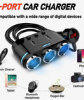 Heavy Duty Wireless Car Charger For Toyota RAV4 EV With Independent Switches And Led Voltage Display Plus 150W Quick Charge 3 three-port charger with LED display and digital device compatibility.