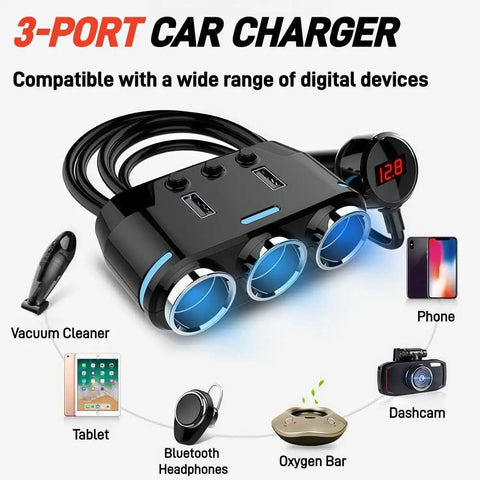 Heavy Duty Wireless Car Charger For Toyota RAV4 EV With Independent Switches And Led Voltage Display Plus 150W Quick Charge 3 three-port charger with LED display and digital device compatibility.