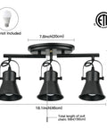 Diagram of Gold Four Light Track Lighting Kit with dimensions, featuring adjustable heads and flush mount ceiling fixture set.