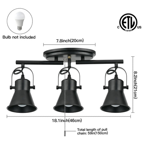 Diagram of Gold Four Light Track Lighting Kit with dimensions, featuring adjustable heads and flush mount ceiling fixture set.