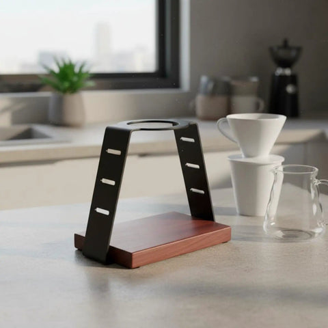 Straight Up Solid Coffee Stand And Dripper Holder Built With Heavy Duty Carbon Steel And Wooden Pedestal Base, kitchen setup.