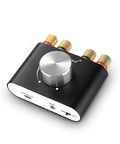 Black mini pocket Bluetooth 5.0 amp with 100W stereo output, 50W per channel, features AUX USB input and Bluetooth receiver.