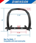 Heavy Duty Steel 7 Inch E Track Wheel Chock with dimensions and tire compatibility information