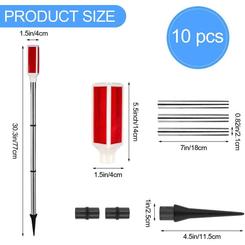 Solar Powered Driveway Markers Pack Of 10 Reflective Red Go To Lights with dimensions and components overview