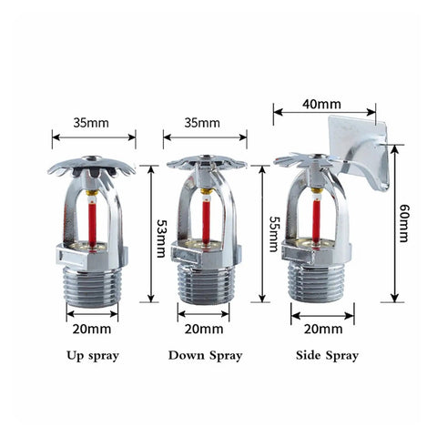Fast Response Fire Sprinkler Head With Heavy Duty Side Spray Configuration For Instant 68 Degree Pop showing up, down, and side spray angles with measurements.