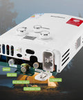 Portable Tankless Gas Water Heater 6L 1.59GPM LPG Propane Butane For Outdoor Use RV Camping And Cabin White, back view.
