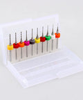 10 Piece Micro Drill Bits Set For PCB Engraving in a transparent case showing assorted tiny tungsten carbide twist drill bits