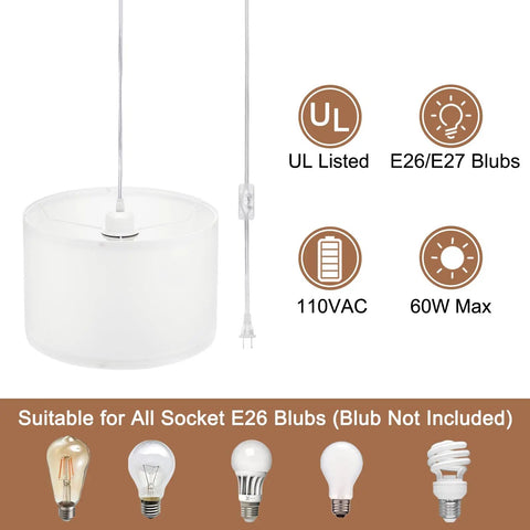 Game Changing Plug In Pendant Light With Adjustable Fifteen Foot Rope Cord And Chill Linen Fabric Shade On Off Switch Hanging Lamp. Clear 12in shade.