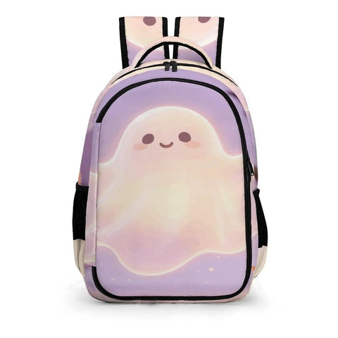 Dope Spooky Ghost Jack O Lantern Printed Unisex Backpack with large capacity and durable polyester, front view.