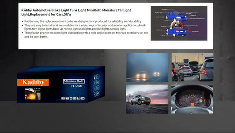 Box of Kadiby automotive halogen bulbs with images showing car brake lights and dashboard, suitable for cars and SUVs.
