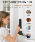 Child using fingerprint smart lock with keyless entry for front door; auto-locking deadbolt with PIN pad and app control; long battery life
