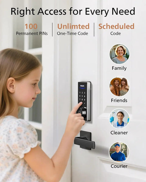 Child using fingerprint smart lock with keyless entry for front door; auto-locking deadbolt with PIN pad and app control; long battery life