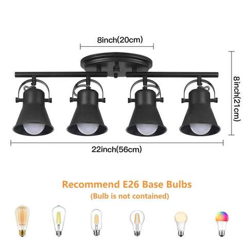 4-Light Track Lighting Kit Black Semi Flush Mount Ceiling Light With Four Rotatable Heads, dimensions shown, E26 bulbs recommended