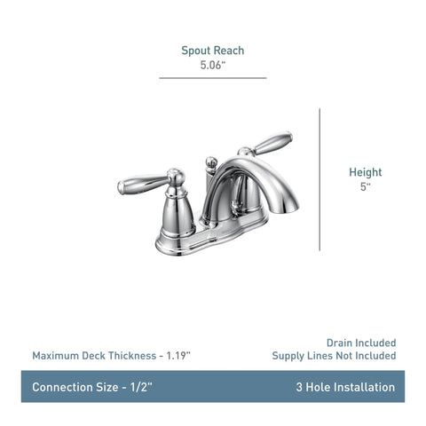 Brantford Chrome Two-Handle Low Arc Centerset Bathroom Faucet With Drain Assembly, Traditional Style, shown with dimensions