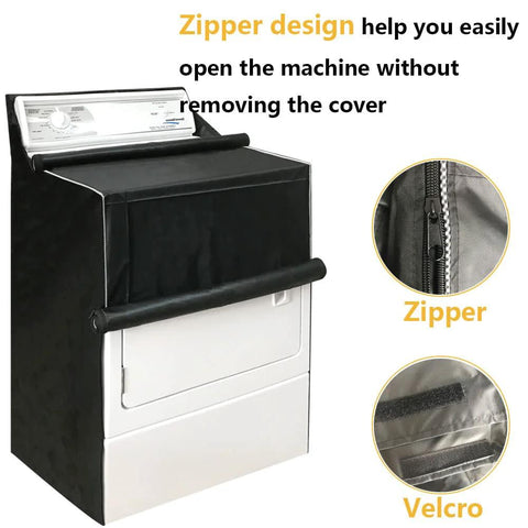 Two-pack black washer and dryer covers with zipper and Velcro, installed on a top-load machine.