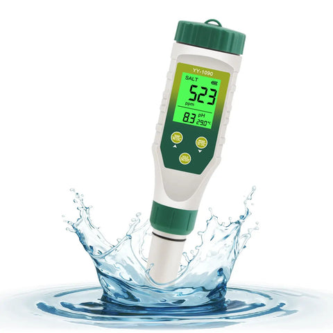 5 In 1 Water Tester With LCD Backlit for pH TDS EC Salt and Temperature Readings, digital meter splashing into water