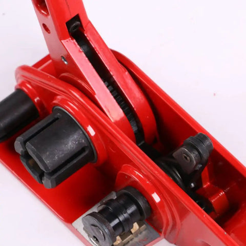Close-up view of Manual Pet Strap Tensioner Tool With Palm Grip Handles Lightweight Portable Design Durable Steel Frame.