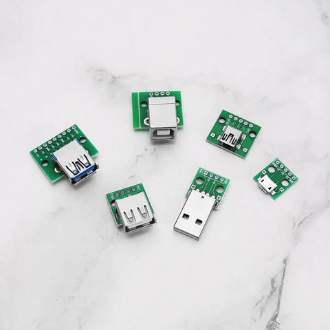 DIY Friendly USB To DIP Breakout Adapter Kit 18 Pcs With connectors on white background, showing six PCB modules.