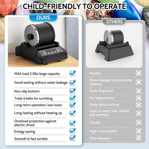 Comparison chart of Totally Complete Gemstone Tumbler Kit and other model, highlighting capacity, sealing, belts, and energy saving.