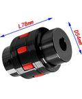 Black and red beefy flexible shaft coupler for CNC motors, 12 to 28 mm bore, shown with dimensions, jaw spider design