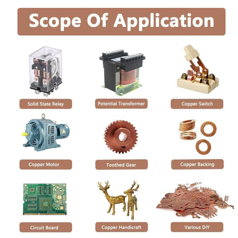 Scope of application for Two Twelve Inch Copper Flat Bars One Eighth Inch Thick One Inch Wide 99.98 Percent Pure C110 Copper includes electrical connectors, DIY projects, electroplating, and crafting.