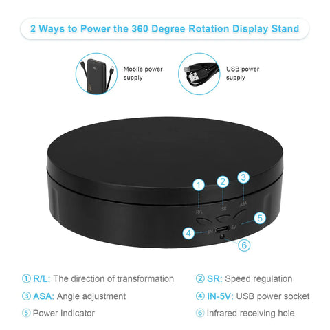 Electric Rotating Display Stand With Rechargeable Battery, Motorized Turntable For Live Streaming Video Shoot Photography, 3 In 1 Size Platform showing power supply options.