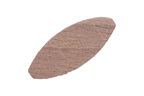 Close-up of a single Wood Biscuits No 20, 2-1/4 Inch Long, 50-Piece Pack, durable hardwood biscuit for woodworking joints.