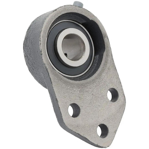 Rock Solid Heavy Duty Three Bolt Flange Mount Ball Bearing Insert Unit With Rugged Cast Iron Housing and Tight Set Screw Locking For Industrial Machinery close-up image showing bolt holes and bearing.
