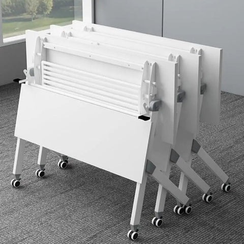 Lightweight Folding Mobile Computer Desk With Locking Wheels Steel Flip Frame Laptop Station folded flat for storage with casters.