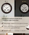 Day and night view of 24 inch self illuminated outdoor clock with weather station thermometer and hygrometer waterproof metal clock