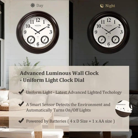 Day and night view of 24 inch self illuminated outdoor clock with weather station thermometer and hygrometer waterproof metal clock