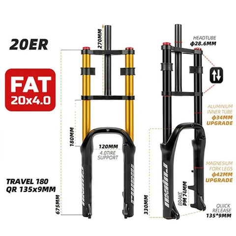 Fat Bike Front Air Suspension Fork For 20 Inch Electric And Mountain Bikes, 4.0 Inch Fat Tire, 140mm Travel, Rebound Adjustable