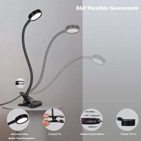 Clip On Reading Light Desk Lamp With Strong Clamp For Kids And Adults Eye Protection Night Light Flexible Gooseneck With 3 Modes And 9 Dimming Levels Memory Function Includes AC Adapter Black