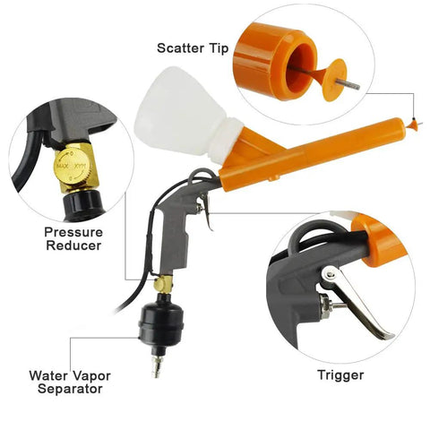 Pro Grade Electrostatic Powder Coating System with spray gun, pressure reducer, water vapor separator, scatter tip, trigger detail