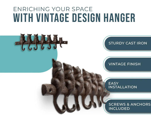 Hella Tough Cast Iron Wall Hook Rack With Seven Cute Cat Designs For Coats Keys And Hats, Vintage Rustic Brown decorative rack close-up.