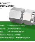 304 Stainless Steel Compression Tube Fitting Connector One Half Inch Tube OD To One Half Inch NPT Female Straight Adapter