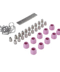 Gorgeous Glossy Plasma Cutter Torch Consumables Set For Ag60 Electrode And Nozzle With Protective Cups And Holder Rings, detailed arrangement.