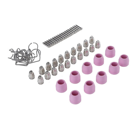 Gorgeous Glossy Plasma Cutter Torch Consumables Set For Ag60 Electrode And Nozzle With Protective Cups And Holder Rings, detailed arrangement.