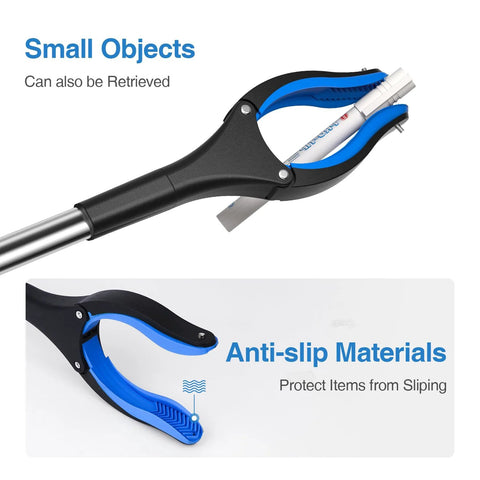 Foldable reacher grabber set with anti-slip jaw for picking small objects, featuring magnetic grip and durable design.