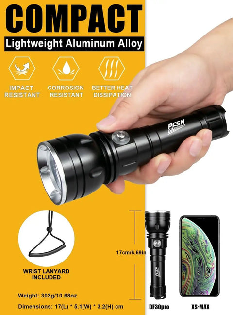Three Thousand Lumen Dive Light With Lockable Switch For Night Dives, Waterproof To 150m, 20 Hour Runtime held by hand