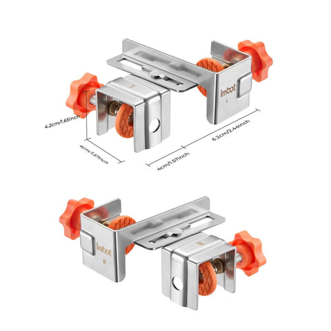 Hassle Free Adjustable Stainless Steel Cabinet Drawer Front Mounting Clamp Kit For Dead Nuts Alignment And Ridiculously Smooth Woodworking Upgrades With Heavy Duty Carry Bag, showing two stainless clamps with orange knobs.